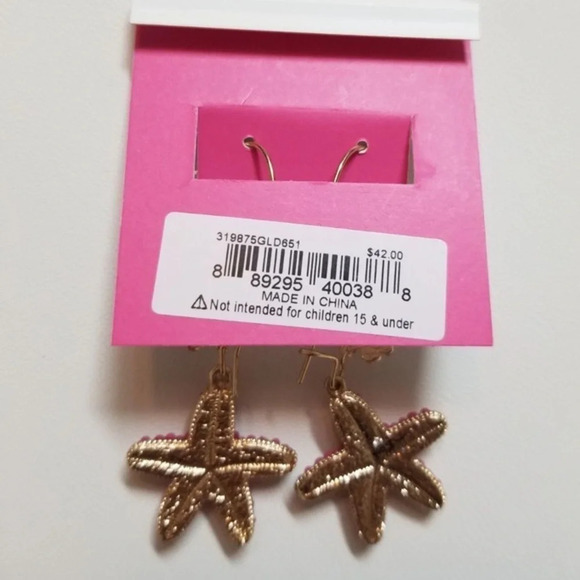 BETSEY JOHNSON Starfish Coral Sparkle Dangle Earrings Cruise Beach Vacation NWT - Picture 2 of 2